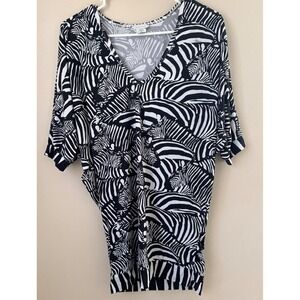Trina Turk Zebra Print V Neck 3/4 Sleeve Top Women's XS Black White Resort Beach